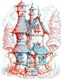 Placeholder: A pencil sketch front elevation line drawing of a tall, narrow, twisted, mediaeval fantasy house.
