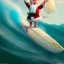 Placeholder: Santa standing of surfboard surfing a big wave, empty hands, beach, character design by cory loftis, fenghua zhong, ryohei hase, ismail inceoglu and ruan jia. unreal engine 5, artistic lighting, highly detailed, photorealistic, fantasy