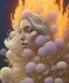 Placeholder: white hydrangea flowers, mandrake roots, mandrake root hands, platinum blonde woman on fire, psychedelic, intricate, elegant, highly detailed, background fire sky, digital painting, artstation, concept art, smooth, sharp focus, illustration, head shot, close up, art by artgerm and greg rutkowski and alphonse mucha, symmetrical eyes, perfect eyes, blue eyes, staring at camera, eye contact