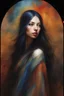 Placeholder: Lenore Nemoy, Long, straight, black hair, blue eyes - multicolored watercolor stained wall in the background, in the art style of Boris Vallejo, Frank Frazetta, Julie bell, Caravaggio, Rembrandt, Michelangelo, Picasso, Gilbert Stuart, Gerald Brom, Thomas Kinkade, Neal Adams - professional quality studio 8x10 UHD Digital photograph by Scott Kendall - paint splattered wall in the background, multicolored overhead spotlight, Photorealistic, rea