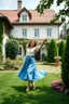 Placeholder: create a video of beautiful russian lady dancing in a pretty villa garden wearing blue skirt and cream blouse