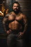 Placeholder: full figure photography of a burly trucker muscular chubby strong 36-year-old turkish in a discoteque, serious, shirtless, short beard, dancing rock shirtless, bulge, manly chest, big shoulder, tribal tattoo, very hairy, side light, view from the ground