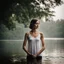 Placeholder: photography of a beautiful and happy anorexic woman, standing in lake water, eyes closed, meditation, white top, yoga flyer, brunette short wavy bob haircut, serenity, misty, relaxing image, white misty colors, foggy sunlight