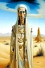 Placeholder: portrait of tall god looks like human but 4 times bigger than normal humans with shining eyes in full clothes, clothes like Arabs in desert. Their face is covered in white shall. by Dali.