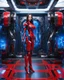 Placeholder: length image full body photo realistic high details beautiful woman long hair with body mechanical robot red and blue inspired design by optimus prime transformer robot sense of technology future,in room futuristic spaceship background