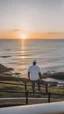 Placeholder: A man wearing a white Dad Hat, sunglasses, no chain, and looking at the sea and the sunrise