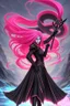 Placeholder: A exalted female archmage, her black robes and long pink hair shining in the light, her greatsword held firmly in her hands as she strides forward, her red eyes blazing with a fierce intensity, levitating above enemys , dodging enemy fire, 4K,