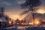 Placeholder: highly detailed small village scene, sunset, illustration, background snowy mountains, cinematic lighting, 4k, 8k, octane render, digital concept art, trending on artstation, pinterest, extremely detailed, ambient lighting.