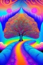 Placeholder: Psychedelic hassidic style artwork of a Path to heaven with a tree in the center, with bright and blue colors in a childish style