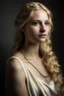 Placeholder: portrait of a woman who looks like an elegant, greek goddess; she is beautiful and has long blond hair, kind and gracious