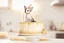 Placeholder: birthday cake, chibi dog in a beautiful kitchen, heart and love in the sunshine, watercolor and black ink outlines, sparkling golden glitter, ethereal, cinematic postprocessing, bokeh, dof