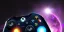 Placeholder: shiney xbox elite controller with hollow grid design. nebula backround . sunflare . centered