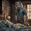 Placeholder: digital art from an gray hairy anthropomorphic wolf male standing by a wooden bed in t-shirt and pant and he ties an orange belt around his waist, back to the camera an anthropomorphic wolf femle just in gray body hair lies down in bed , detailed, in blur background massive wooden room, anthro sci-fi, fantasy mood, digital art