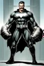 Placeholder: an extremely muscular superhero man wearing a black, skintight, formfitting cowl, a black, skintight, formfitting, Kevlar bodysuit, Silver Wrist Gauntlets, Silver Belt, Silver knee-high boots, black gloves, silver "M" logo on the chest, a mustache and goatee, black gloves,