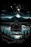 Placeholder: A sleek, digital camera rests on a weathered log, capturing a starry night sky reflected in a still mountain lake. The Milky Way stretches across the canvas, with a lone figure gazing upwards in wonder. Style: Geometric, Mood: Dreamlike, Lighting: Cool, starry night with a touch of moonlight on the lake, T-shirt design graphic, vector, contour, white background.