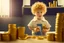 Placeholder: a curly-haired blond boy counts money and stacks gold coins in a modern nursery, in sunshine