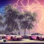 Placeholder: 1980's aesthetic vaporwave palm trees and spheres and Porsche with lightning