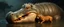Placeholder: crocodile hippo with fluffy hair, doing dog things and eating small dog in the style of fallout 4 and giger