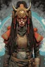 Placeholder: front facing full length portrait illustration of a grunge armored female , beaded dreadlock hair, cyberpunk vampire mercenary wearing an ornate japanese oni demon noh mask , and shemagh, highly detailed with gritty post apocalyptic textures, caught in a cosmic maelstrom of swirling gases , finely detailed facial features and hair, in the graphic novel style of Bill Sienkiewicz, and Jean Giraud Moebius, ink wash and watercolor with realistic light and shadow