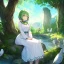 Placeholder: anime girl meditating pose, rock trees, birds, creek, very gorgeous anime girl dressed in white dress, very detailed, trees, birds flying, green trees, creek meditation pose, sitting on a rock, with rays of sun peaking through the trees, very detailed on hands and facial features, details on eyes, cheeks and nose, very specific hair and bangs and very detailed hands and fingers,eyelashes