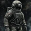 Placeholder: An astronaut from 1970 , Hyper Realistic Aerial Grungy Dark-Grey Brush strokes on a dark rustic background with charcoals