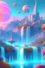 Placeholder: Future city. Designed by Islam on the mountains of Dhubarjad Waterfall pouring into Lake Yaqout Al-Ahmar. Rose trees and exotic fruits. The sky is colored with stars and planets.