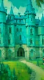 Placeholder: A greenish blue defensive chateau with shields painted by Vincent van Gogh