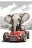 Placeholder: realistic characteristics of a elephant driving a red sportscar, white background