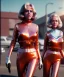 Placeholder: Ultra Realistic retro sci-fi movie Supermarket parking people scene, 1960 year, waist up view portrait, 2 clones blonde women, sweet teenager Jane Fonda face, perfect iris, glow eyes, face makeup, tight latex coat. many people looking, Retro sci-fi style, soft color, highly detailed, unreal engine 5, ray tracing, RTX, lumen lighting, ultra detail, volumetric lighting, 3d, finely drawn, high definition, high resolution.