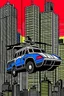 Placeholder: punisher sku;; city car helicopter chase in the style of Hiroshi Nagai