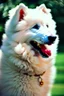 Placeholder: Cute, fluffy, happy looking white Samoyed dog, colorful, festive atmosphere, detailed, congratulating