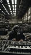 Placeholder: a person with a gas mask in an abandoned big massive factory, playing with a modular synth piano