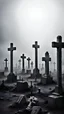 Placeholder: Many scary crosses and graves, dead earth, fog, gray tones