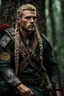 Placeholder: photorealistic hyperdetailed portait of 20-year-old german male, as mercenary with long blonde braided and undercut hair, tribal tattoos and neatly trimmed beard wearing modern mercenary uniform dark fantasy forest backdrop