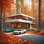 Placeholder: Cozy forest retreat, futuristic modern house in an autumn forest of vibrant colors. Contemporary design with clean lines and large windows, which radiate a feeling of warmth and comfort. A white car parked on the winding driveway leading to the house adds a touch of modernity to the rustic surroundings. The path is dotted with fallen leaves. Around the house, dense mix of green, orange and yellow foliage. 8k