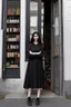 Placeholder: tall girl in black clothes, long dark wavy hair, outside an apothecary shop