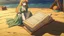 Placeholder: drawn in 90s anime style, retro anime style, still live, 1 singular Book lying with a cover on table the cover depicting a woman on the beach, medieval grimoire, no people, no cluter