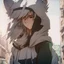 Placeholder: In anime, an anthropomorphic male character with white fur, white-and-green-haired, white-skinned, green-eyed, wolf ears, whiskers, a black hoodie, and black pants, is on the street in the massive capital, 8K resolution, high quality, ultra graphics, and detailed with lines.