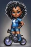 Placeholder: create an airbrush illustration of a chibi cartoon voluptuous black female wearing a blue jean outfit with a tie dye tshirt with biker boots. Prominent make up with hazel eyes. Extremely highly detail of a tight curly black bantu knots. Background of a bike show