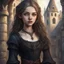 Placeholder: pretty 13 year old girl, conventionally attractive, dark clothes, realism, tight top, sorcerer, medieval