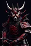 Placeholder: Samurai cyborg com armadura preta e vermelha e máscara hannya na face, corpo inteiro