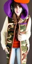 Placeholder: Image shows wholly a Brunette. average body type. Mantle is sewed of recycled Denim and sewed together of camouflage pieces. Camouflage colors are orange,terracotta, cream and purple. It is with big bright purple felt tippet and cream-colored-hood. mantle is merged with satchel. . AKG-style headphones (gold rings!) is merged with small felt cap with small visor. Style: Haute Couture in 1936, Paris fashion in 2023, inspired by street art. Cream latex gaiter.