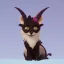 Placeholder: A cute friendly cat looking gargoyle pet with goat horns and wings Nick Harris style