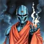 Placeholder: retro anime style, full color, dark serious 1980s anime terminator like robot, moebius artist, magic, watercolor, buddist monk robe
