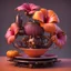 Placeholder: hibiscus is dark pink in color+big orange fruit +brown cinnamon rolls,in a futuristic teacup with hydraulic cylinders,3d,steampunk.