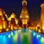 Placeholder: foto von einem beleuchteten schwimmbad welches sich um die pyramiden in kairo befindet, shiny, night, lights, palmen, luxus, entspannung, polaraid style, 8k quality, dampf, wasserfall