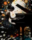 Placeholder: "Midnight Serenade unique" low view angle shot down wild flowers field , large close up a beautiful young woman with a black dress , wearing a cool black like a rocker style and playing the piano , granite terrazzo motifs with puzzle modern clothing is decorated with colorful filigree abstract, Collage chutes papiers magazines,Spirograph background by Nisa Kiley, Textile Artist