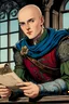 Placeholder: Young nobleman, bald, blue eyes, reading a scroll, on a balcony