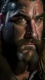 Placeholder: stunning extreme frontal close up photography of a 37 years old burly muscular marocan chubby ugly biker, sensual smile , shirtlesst, long hair, long beard, sitting in a pub , photorealistic, side light, ambient occlusion, frontal view, 80mm lens, sensual eyes