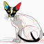 Placeholder: Create an abstract, minimalist Oriental shorthair Siamese cat using continuous line art. The Oriental shorthair Siamese cat is stylized and simplified to the most basic forms, with exaggerated features. adorned with splashes of primary colors. The background should be clean and mostly white, with subtle geometric shapes and thin, straight lines that intersect with dotted nodes and overlap the figures. The overall aesthetic should be modern and artistic.